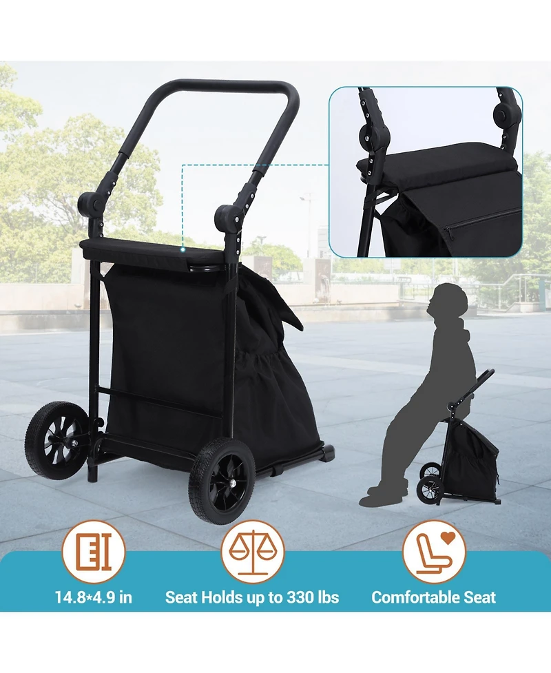 homfan 2 in 1 Folding Grocery Shopping Cart and Hand Truck with Built In Seat Removable 32.5 Gallon Waterproof Oxford Bag and All Terrain Wheels