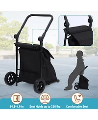 homfan 2 in 1 Folding Grocery Shopping Cart and Hand Truck with Built In Seat Removable 32.5 Gallon Waterproof Oxford Bag and All Terrain Wheels