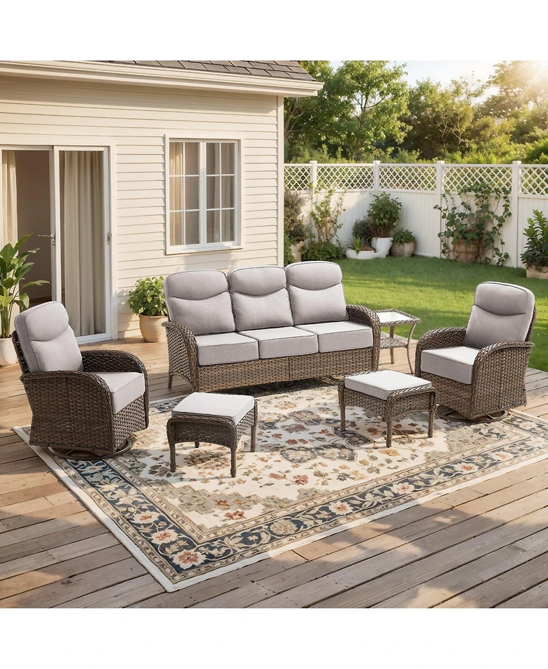 Pocassy Patio Furniture Set with 6in Cushion, All-Weather Wicker Outdoor Conversation Swivel Rocking Chair and 6 Inch Thick Cushions