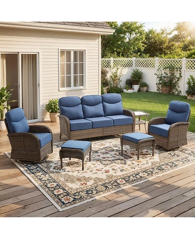 Pocassy Patio Furniture Set with 6in Cushion, All-Weather Wicker Outdoor Conversation Set with Swivel Rocking Chair and 6 Inch Thick Cushions