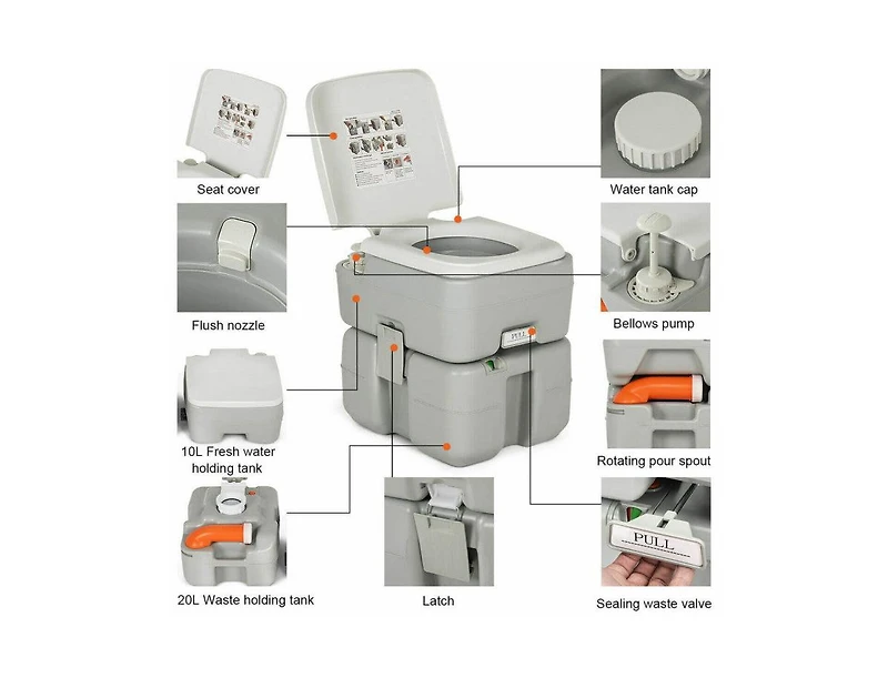 Lucky One 5.3 Gallon Portable Travel Toilet with Piston Pump Flush, Camping Toilet