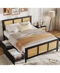 gaomon Rattan Platform Bed Frame with Boho Headboard and Metal Slat Support
