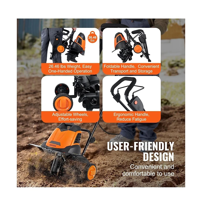 Sugift 12 Amp Electric Tiller 18 in Tilling Width 3.94 in Tilling Depth Cordless Free