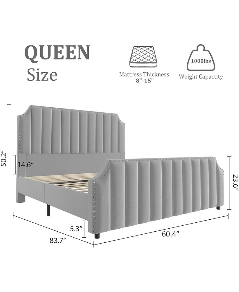 gaomon Queen Platform Bed, 52" Velvet Headboard with Nailhead Trim, Wood Slats, No Box Spring Needed