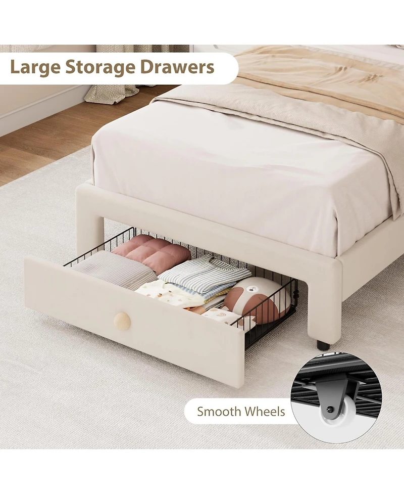 gaomon Twin Bed Frame with Storage, Upholstered Led Bed Frame with Headboard, Cute Velvet Platform Bed for Kids, Girls, No Box Spring Needed