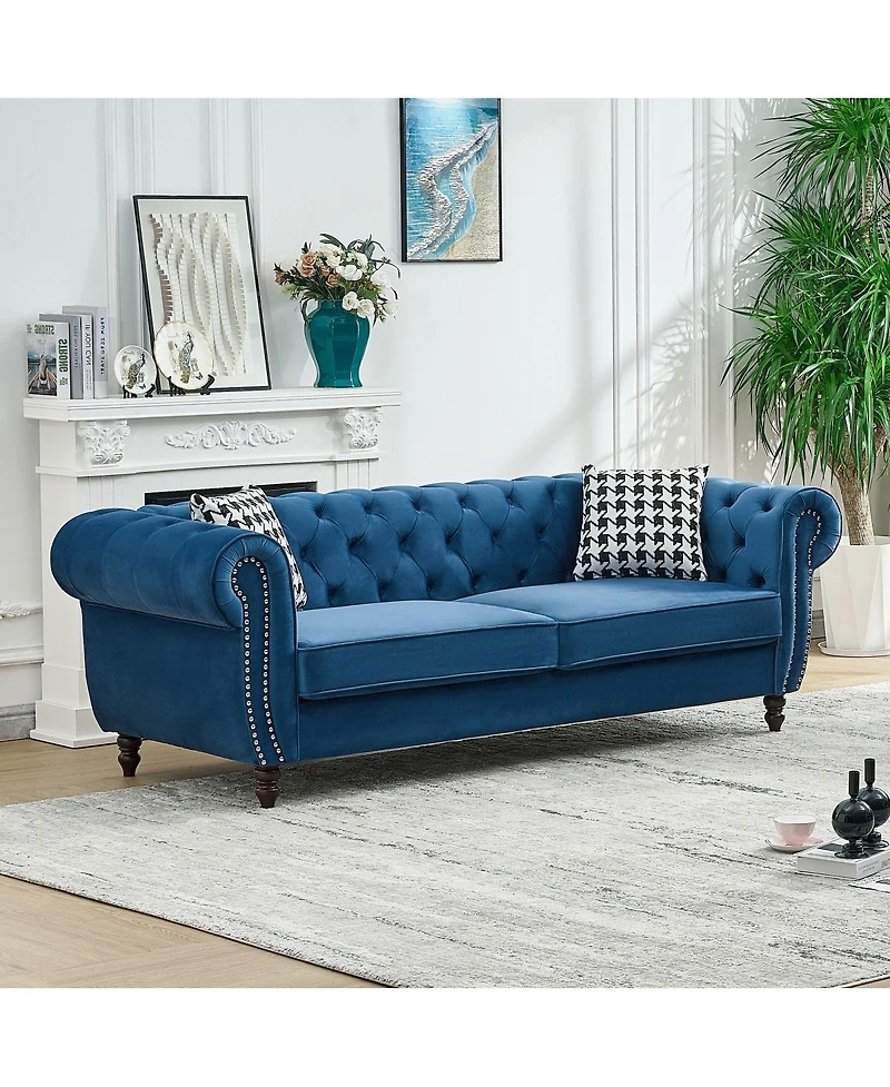 Streamdale Furniture 85" Velvet Chesterfield Sofa with Roll Arm and Nailhead