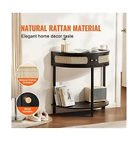 Sugift Half-Moon Rattan Console Table with Two Drawers and Sliding Door Storage Cabinet