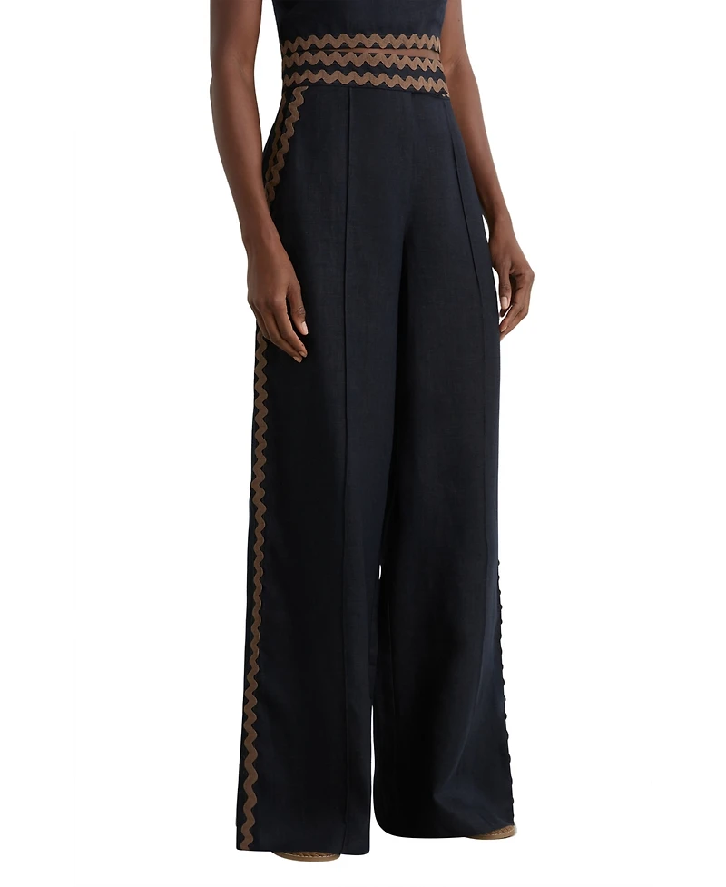 Reiss Women's Linen Wave-Trim Wide-Leg Trousers