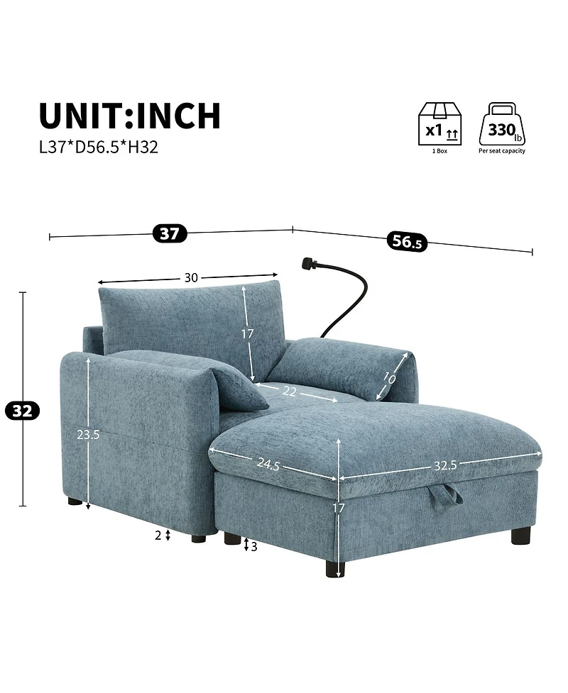 Streamdale 37'' Sofa with Storage Ottoman, Phone Holder, Charger, Pockets, Chenille Armchair
