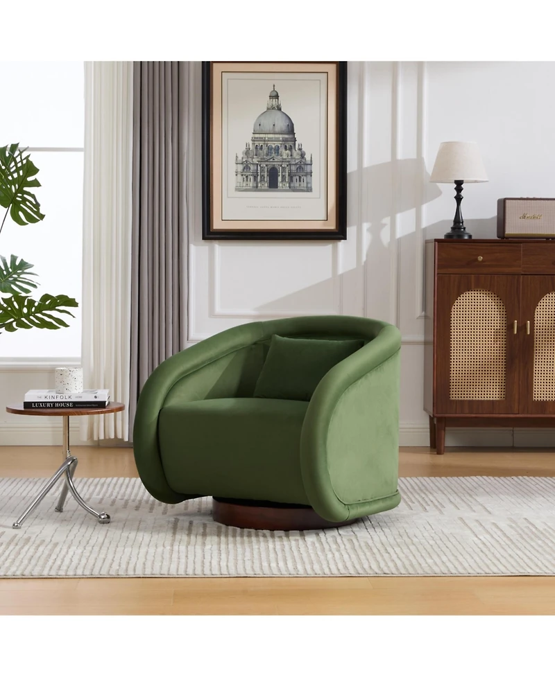Boyel Living Swivel Accent Chair 360 Degree Velvet Barrel Pumpkin Shaped Brown Rubberwood Base