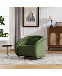 Boyel Living Swivel Accent Chair 360 Degree Velvet Barrel Pumpkin Shaped Brown Rubberwood Base