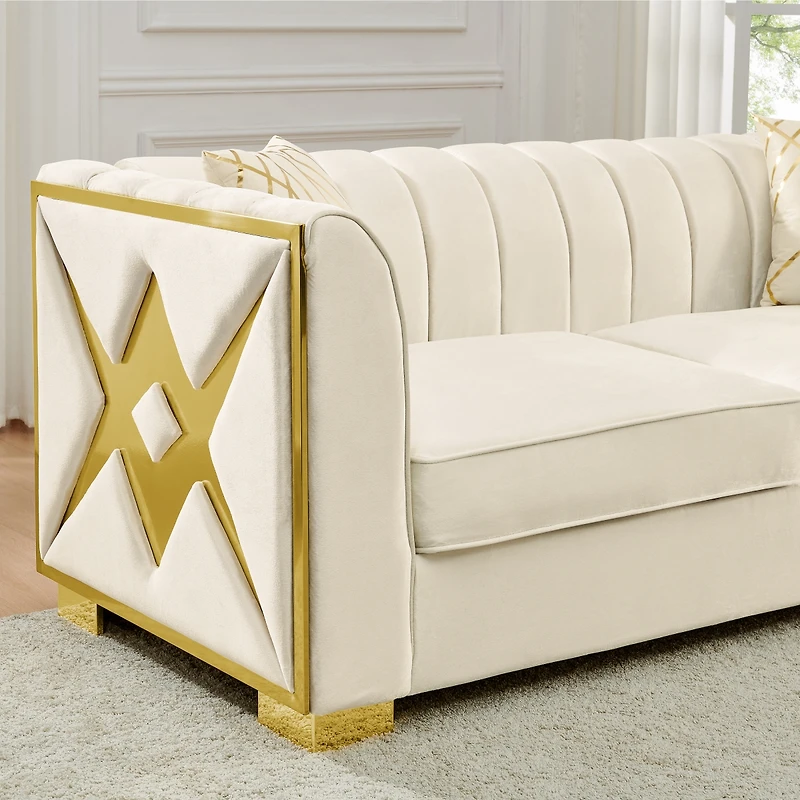 Streamdale Furniture Luxurious Velvet Sofa with Geometric Gold Hardware and Metal Feet