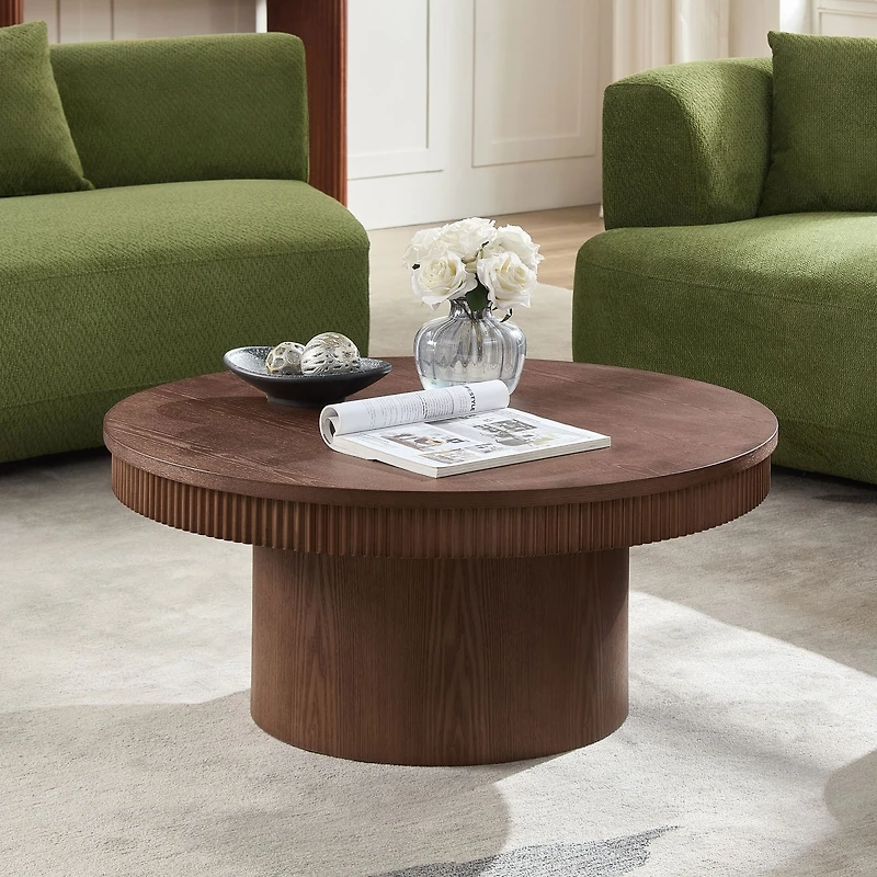 Streamdale Furniture Walnut Round Coffee Table with Ribbed Wave Trim