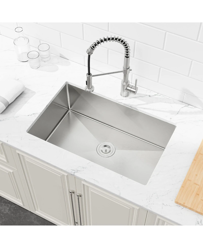 Busdays Stainless Steel Kitchen Sink, 30"x19" Drop In Single Bowl, Undermount Handmade Sink in Brushed Nickel, with Us Standard Drain and Hook