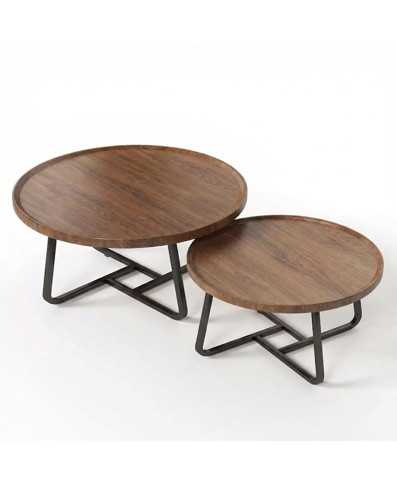 homfan Mid Century Modern Round Nesting Coffee Table Set, 2-Piece Fluted Wood Tables, Sturdy Metal Frame, Easy Assembly, for Living Room, Bedroom