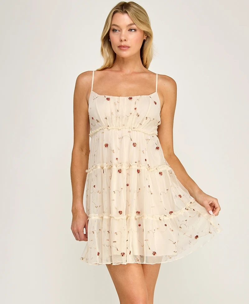 Row A Juniors' Embroidered Sleeveless Mesh Dress