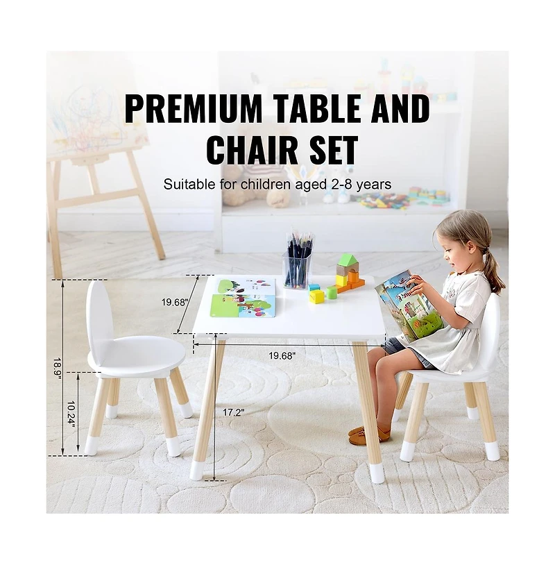 Sugift Kids Table and 2 Chairs Set for Ages 2-8, Pine Wood Activity Table with Curved Safety Edges