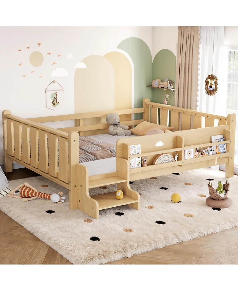 Streamdale Furniture Full Size Floor Bed with Storage Bookcases, Stairs, and Guardrails