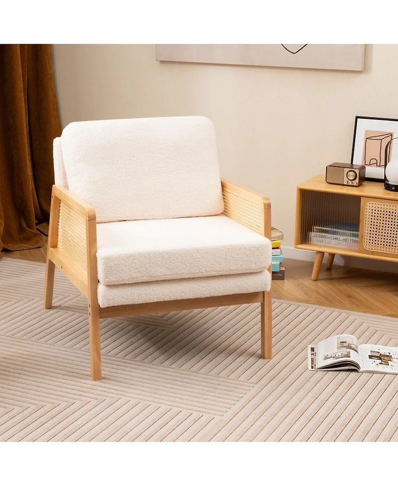 Sugift Mid Century Modern Accent Chair with Rattan Arms and Cushion
