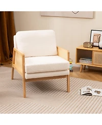 Sugift Mid Century Modern Accent Chair with Rattan Arms and Cushion