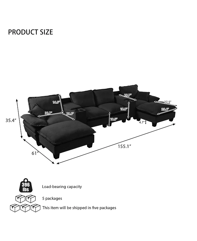Streamdale Modular U-Shape Cloud Couch with Storage, Cup Holders, Usb and Ottomans, Black