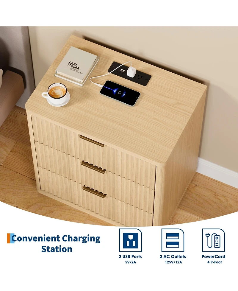 homfan Fluted Nightstand Set of 2 with Outlet, 3-Drawer Bedside Tables with Metal Handles and Storage for Bedroom or Living Room