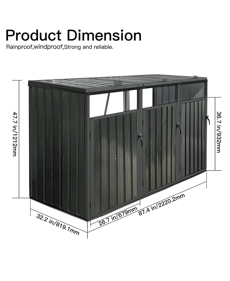 Mondawe Outdoor Metal Garbage Bin Shed For 3 Trash Cans, Lockable Storage Shed With Lift Lid