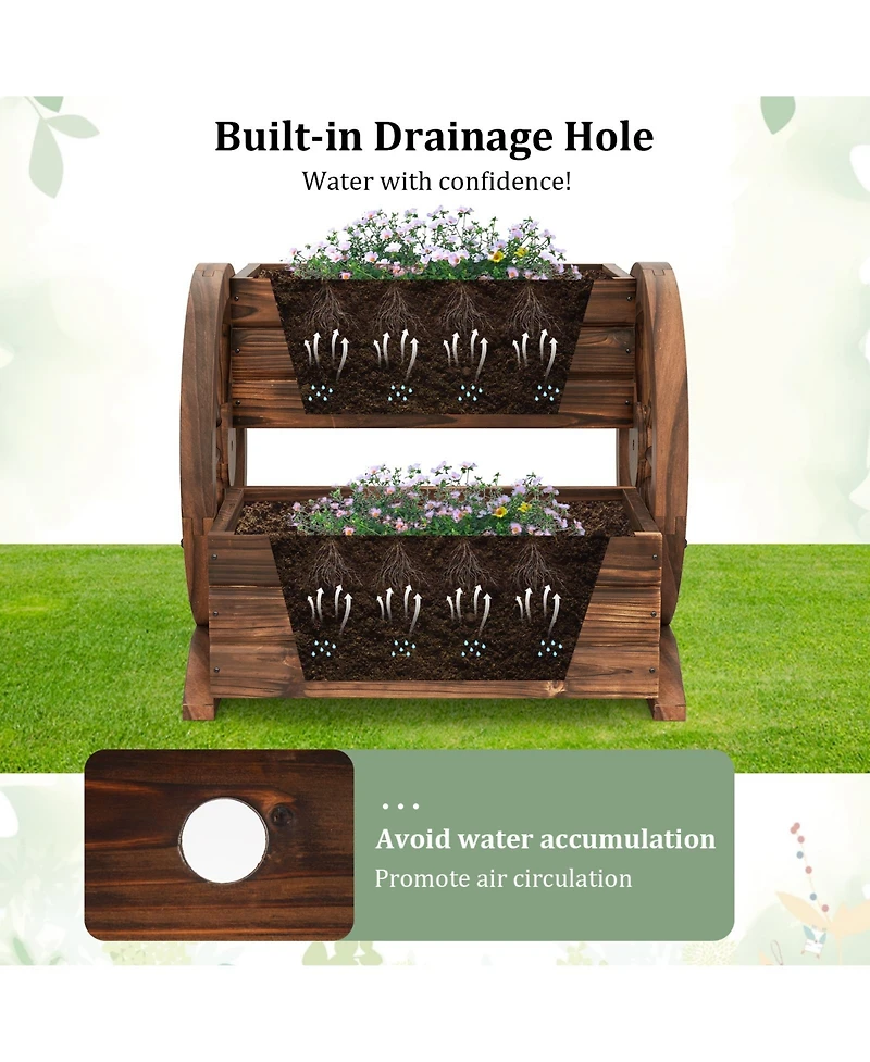 Sugift 2-Tier Raised Garden Bed Rustic Wood Wagon Shape With Drainage Holes And Wheels