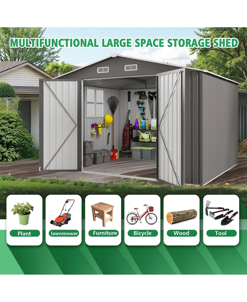 Mondawe 10 x 12 Ft Outdoor Metal Storage Shed with Double Door and Windows, Waterproof Garden Tool Shed