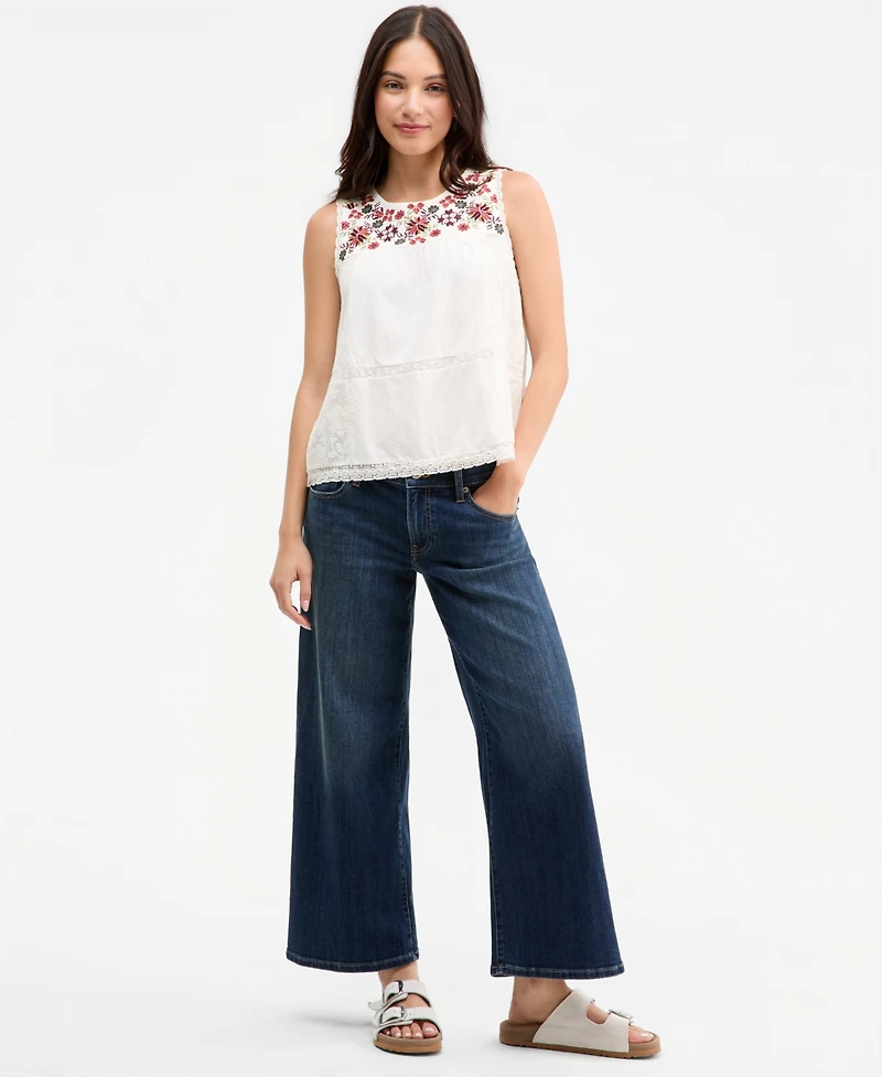 Lucky Brand Women's Embroidered-Yoke Lace-Inset Top