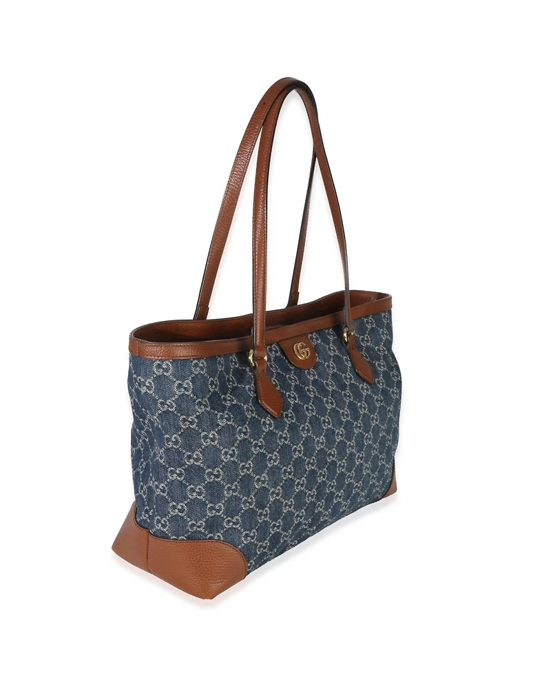 Pre-Owned Gucci Blue New Denim Gg Monogram Dollar Calfskin Medium Ophidia Shopping Tote