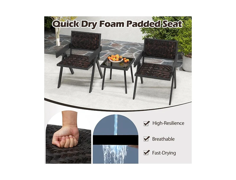 Lucky One 3 Piece Patio Wicker Bistro Set with Quick Dry Foam Cushions Glass Table