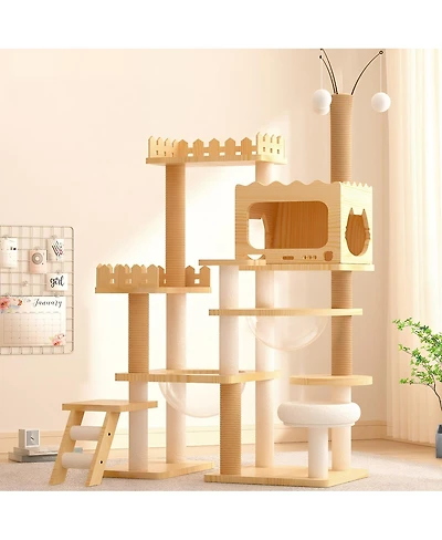 6thdruple Tall Cat Tree Tower, Wood Cat Condo with Sisal Posts, Top Perch, Acrylic Hammock for Cats