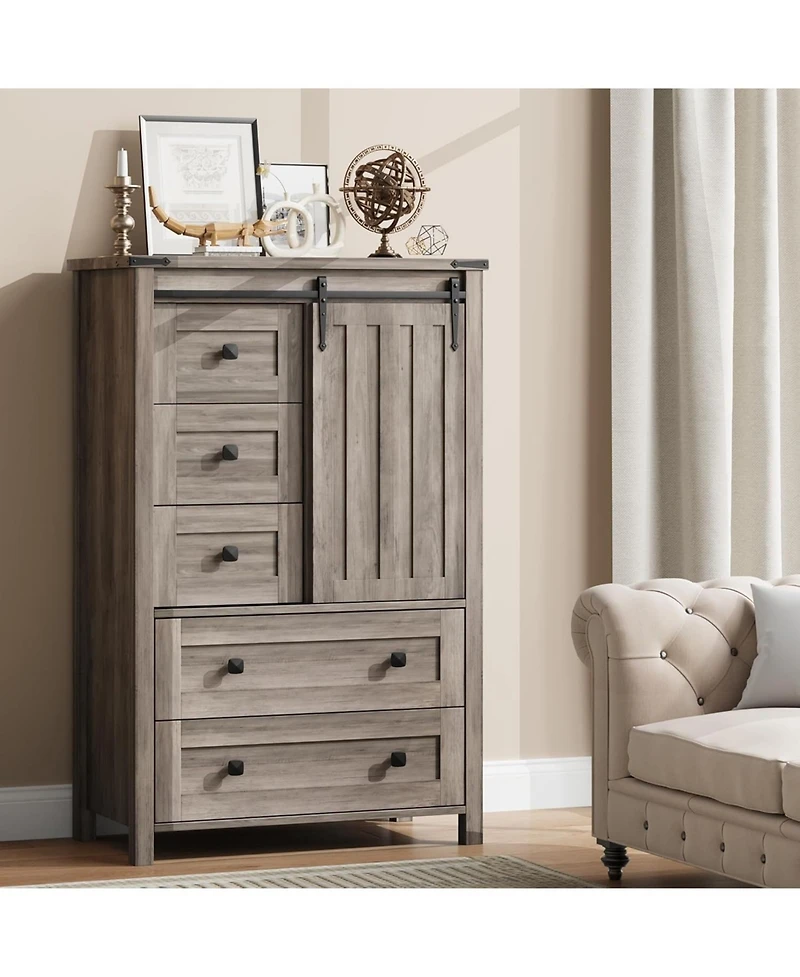 gaomon 5 Drawer Dresser, Farmhouse Wooden Chest of Drawers with Sliding Barn Door, Adjustable Shelf, Tall Antique Dresser, Storge Cabinet