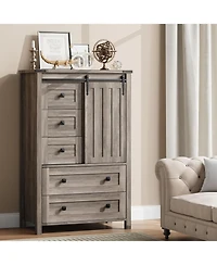 gaomon 5 Drawer Dresser, Farmhouse Wooden Chest of Drawers with Sliding Barn Door, Adjustable Shelf, Tall Antique Dresser, Storge Cabinet