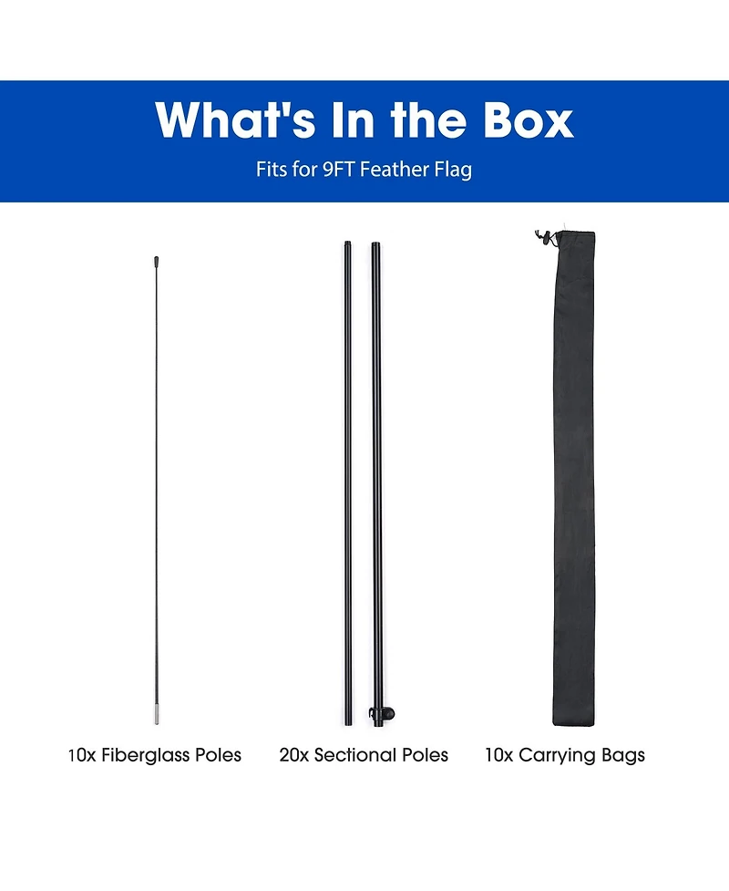 InstaHibit 10 Pack 9ft Feather Flag Pole Kit with Cross Base Stand and Weight Bag