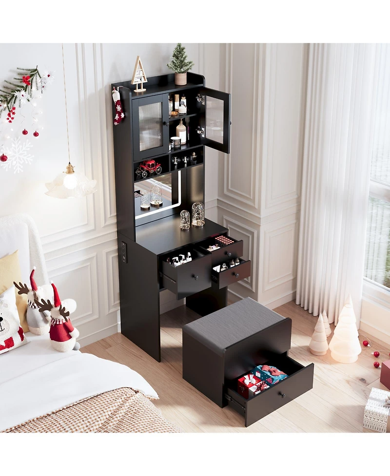 gaomon Compact 3-in-1 Vanity Desk with Mirror and Led Lights - Modern Makeup Table Drawers, Storage Compartment, Rolling Chair