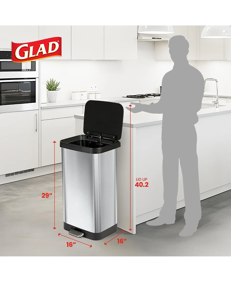 Glad Step Trash Can, Soft Close Lid Bin with Odor Protection, 20 Gal, Stainless