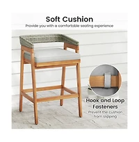 Boyel Living Set of 2 Patio Acacia Wood Counter Height Bar Stools with Cushions and Pe Wicker Backrests Footrests
