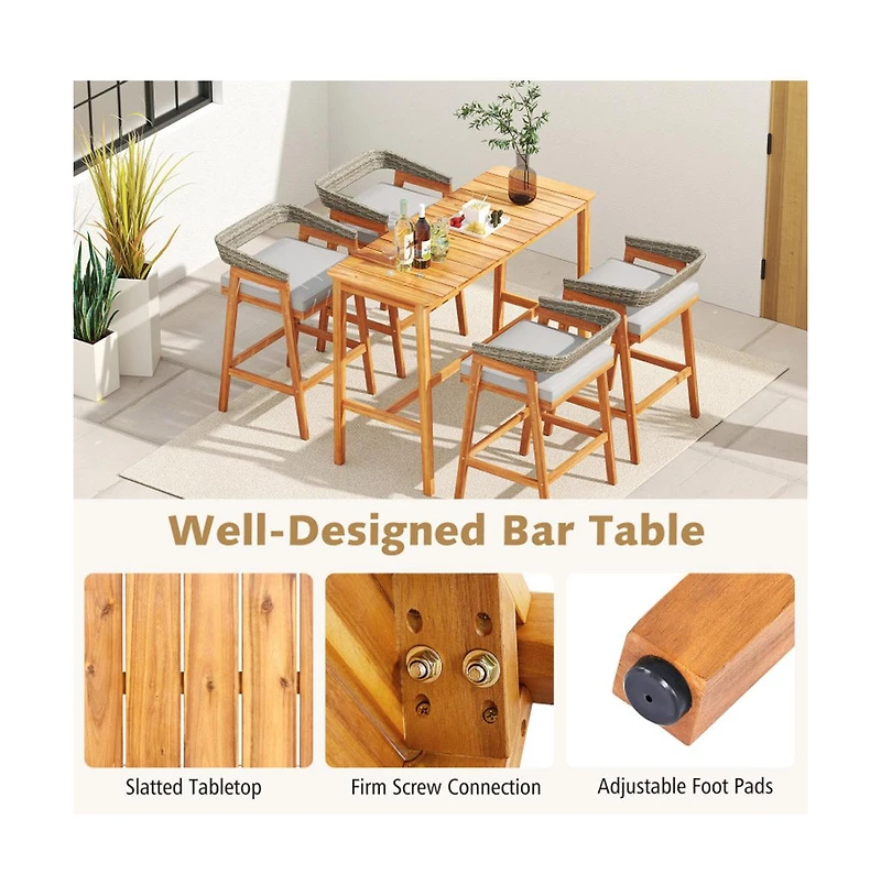 Boyel Living Acacia Wood Counter Height Table with Slatted Tabletop and Footrest Crossbar