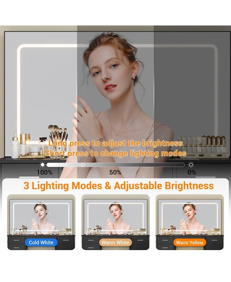 gaomon Modern Vanity Desk Set with Mirror, 7 Drawers, 3-Mode Led Lighting, Hair Dryer Holder - Makeup Dressing Table with Chair for Bedroom
