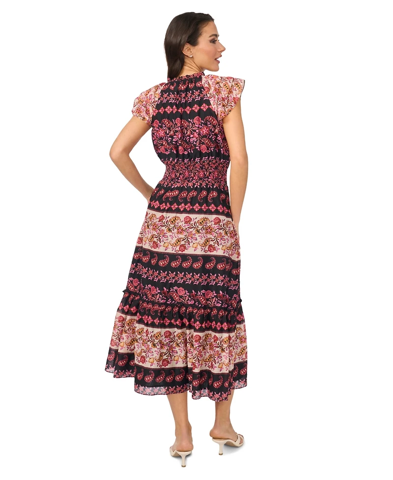 CeCe Women's Tie-Neck Smocked Waist Printed Dress