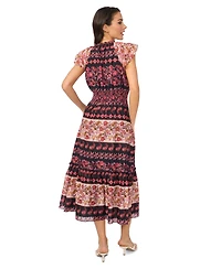 CeCe Women's Tie-Neck Smocked Waist Printed Dress