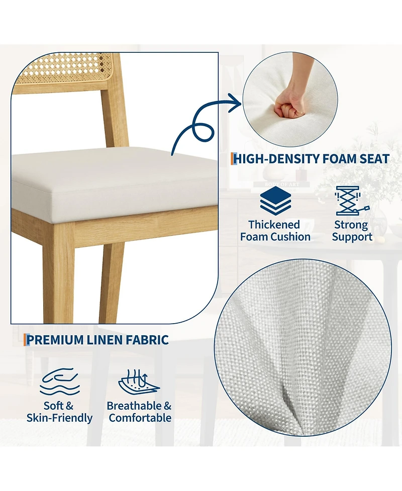 homfan Modern Armless Rattan Dining Chairs, Set of 4 - Upholstered Linen Seat, Sturdy Wood Frame, Breathable Rattan Backrest