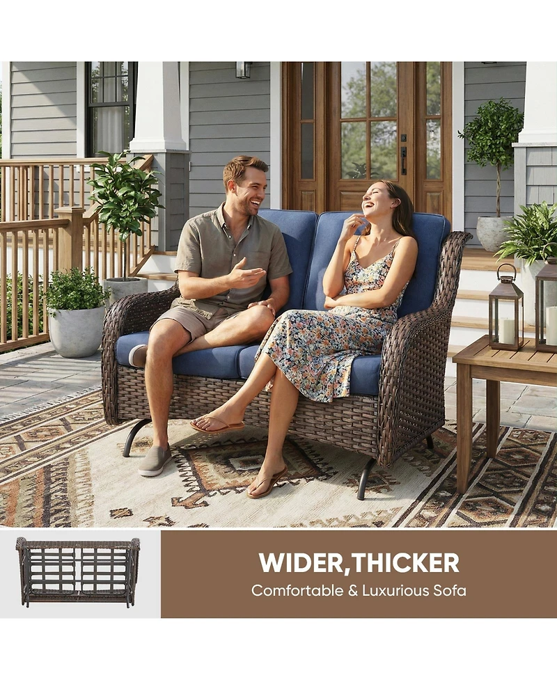 Pocassy 2-Person Wicker Outdoor Patio Glider Couch with Deep Seating and Cushions, Suitable for Porch Deck Balcony