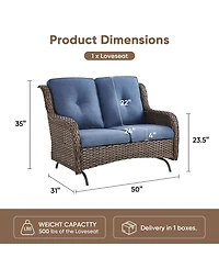 Pocassy 2-Person Wicker Outdoor Patio Glider Couch with Deep Seating and Cushions, Suitable for Porch Deck Balcony