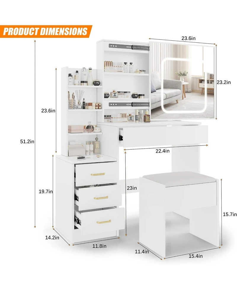 gaomon Vanity Desk with Sliding Led Mirror, Power Outlet, 4 Drawers