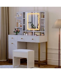 gaomon Makeup Vanity with Led Mirror & Charging Station, Acrylic Top, 3 Drawers, Shelves & Cabinet