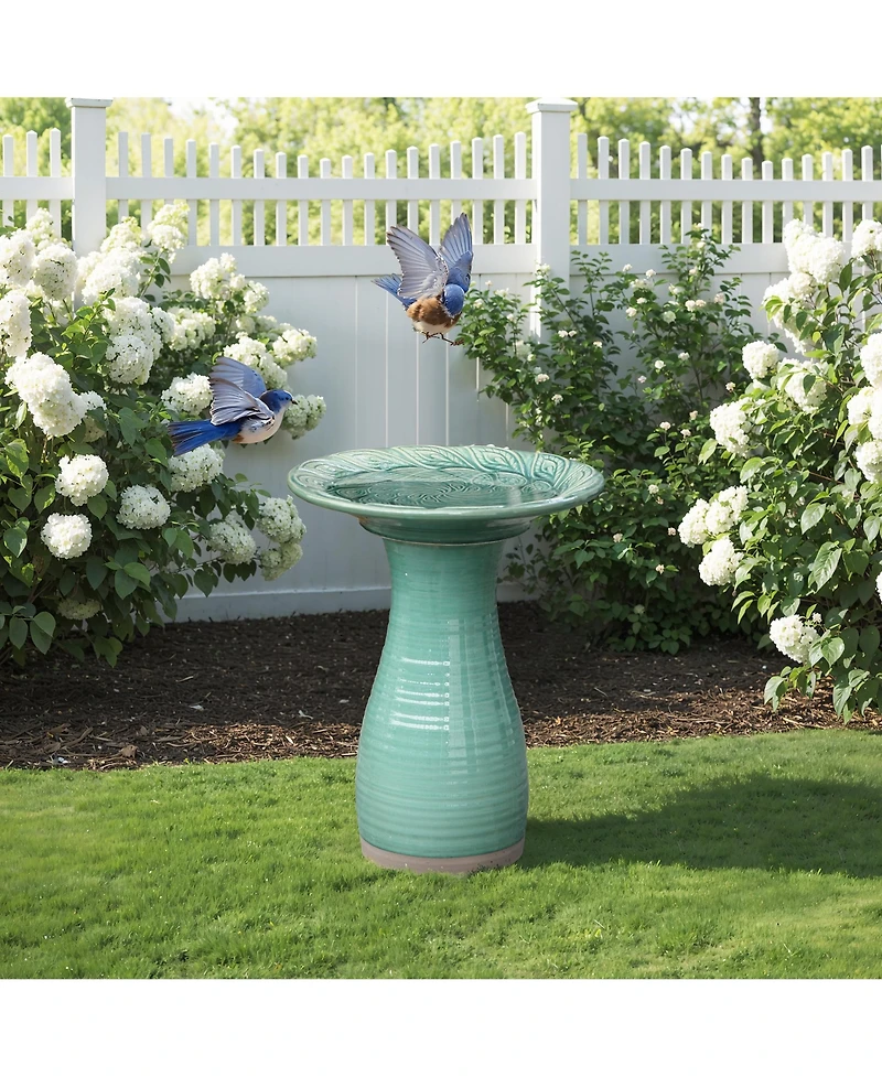 LuxenHome Aqua Green Ceramic Birdbath with Peacock Feather Design Basin, 20.47" Outdoor Garden Accent