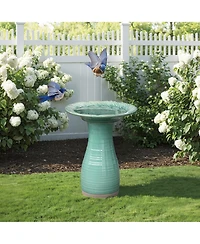 LuxenHome Aqua Green Ceramic Birdbath with Peacock Feather Design Basin, 20.47" Outdoor Garden Accent